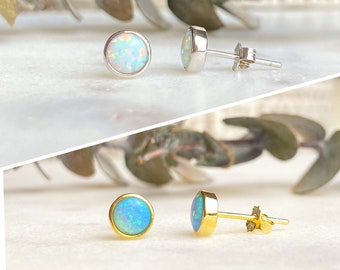 Opal Stud Earring, 925 Sterling Silver Stud, Blue Opal Stud, White Opal Earring, Dainty Stud Earring, Tiny Dot Earring, Minimalist Opal Stud