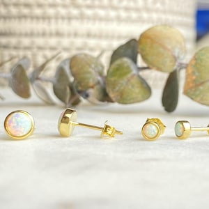 White Opal Stud Earrings in Gold, Fire Opal Stud, Opal Gold Earrings, Available in White and Blue Opal in Sterling Silver, Gold, Rose Gold