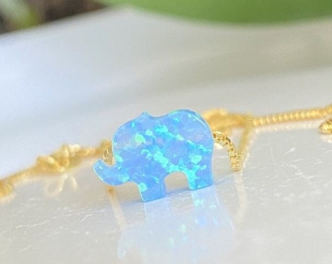 White or Blue Opal Elephant Necklace with solid 925 Sterling Silver Chain (Cable Chain or Box Chain) Silver - Gold - Rose Gold