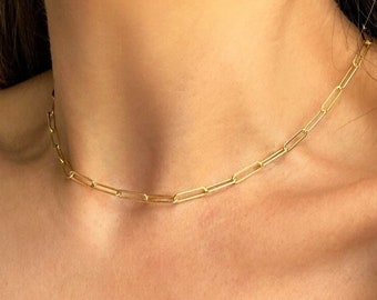 Gold Paperclip Chain Necklace, Sterling Silver Gold Plated Chain, Paper clip Choker, Gold Link Chain Choker Necklace, Gold Layering Necklace