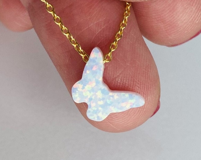 Blue or White Opal Butterfly Necklace, solid High Quality 925 Sterling Silver Chain, Cable Chain or Box Chain available in different Lengths