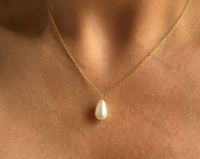 Pearl Drop Necklace for Women, Single Pearl Necklace, Teardrop Pearl Gold Silver, Simple Shell Pearl, Bridal Bridesmaid Wedding Jewelry Gift