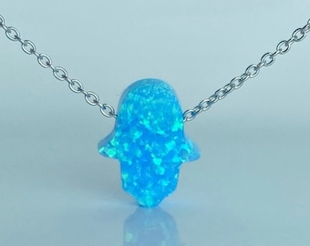 Opal Hamsa Necklace, Hand of Hamsa, Blue Hamsa Necklace, Opal Necklace, Fatima Hand Necklace, Hamsa Choker, White Opal Hamsa, Jewish Jewelry