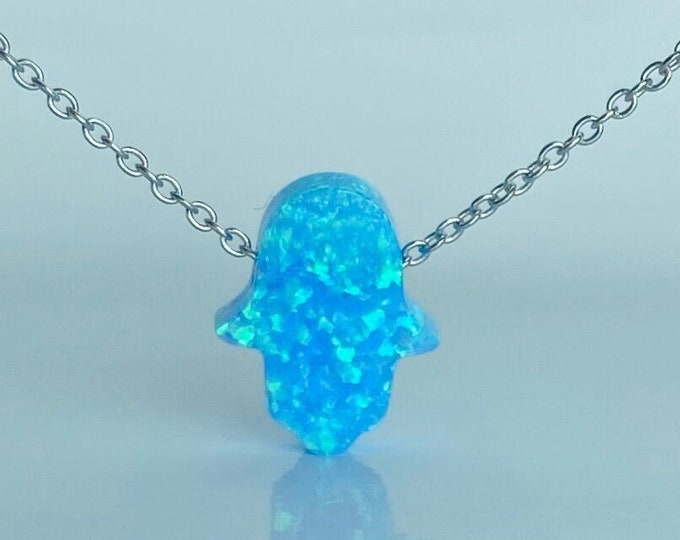 Opal Hamsa Necklace, Hand of Hamsa, Blue Hamsa Necklace, Opal Necklace, Fatima Hand Necklace, Hamsa Choker, White Opal Hamsa, Jewish Jewelry
