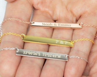 Personalized Horizontal Bar Necklace, Bar and Chain solid 925 Sterling Silver, Gold - Rose Gold - Silver