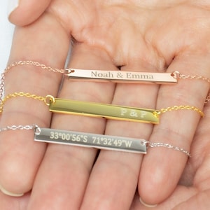 Sterling Silver Bar Necklace, Custom Engraved Necklace, Personalized Horizontal Bar Necklace, Name Bar Necklace, Engraved Coordinates Gift