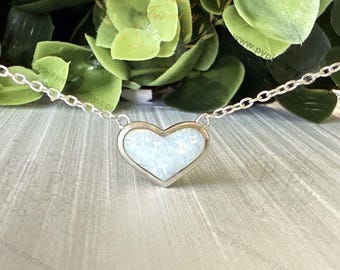 Sterling Silver White Opal Heart Necklace, White Fire Opal Choker Necklace, Heart Pendant, Birthday, Anniversary, Valentines Gift for Her
