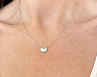 Sterling Silver and White Fire Opal Heart Choker Necklace, White Opal Heart Necklace, Anniversary, Wife, Girlfriend, Valentines Gift for Her