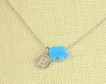 White or Blue Opal Elephant Necklace with solid 925 Sterling Silver Chain (Cable Chain or Box Chain) Silver - Gold - Rose Gold