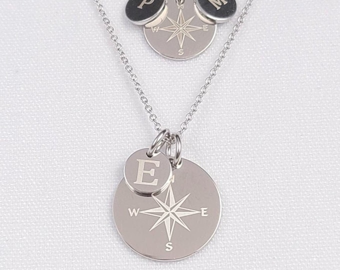 Personalized Compass Necklace, Compass Necklace with Initial Coin, Sterling Silver Compass, Compass Rose, Compass Jewelry, Graduation Travel