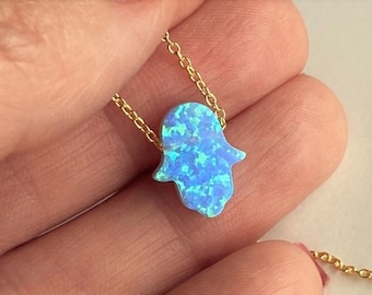 Opal Hamsa Necklace, Blue Hamsa Necklace, Hamsa Choker, Hand of Hamsa, Fatima Hand, Blue Opal Hamsa Silver, Hamsa Jewelry, White Opal Hamsa