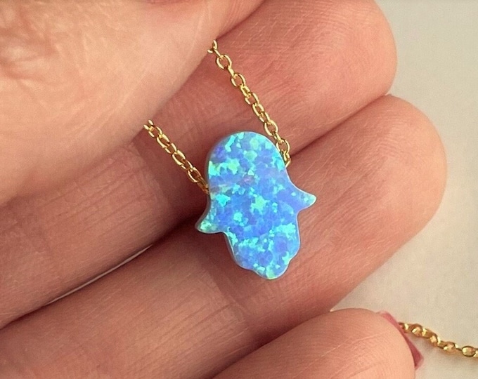 Opal Hamsa Necklace, Blue Hamsa Necklace, Hamsa Choker, Hand of Hamsa, Fatima Hand, Blue Opal Hamsa Silver, Hamsa Jewelry, White Opal Hamsa