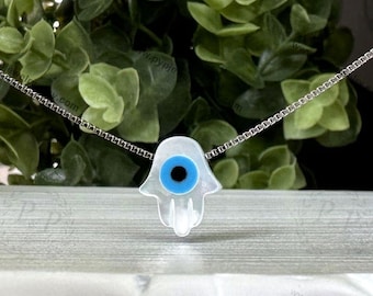 Mother of Pearl Hamsa Necklace with Evil Eye in Sterling Silver | Minimalist Protection Jewelry