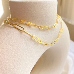 Gold Paperclip Chain Necklace, Sterling Silver Gold Plated Chain, Paper clip Choker, Gold Link Chain Choker Necklace, Gold Layering Necklace