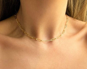Gold Paperclip Chain Necklace, Sterling Silver Gold Plated Chain, Paper clip Choker, Gold Link Chain Choker Necklace, Gold Layering Necklace