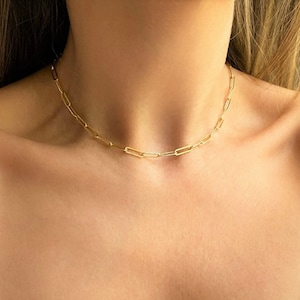 Gold Paperclip Chain Necklace, Sterling Silver Gold Plated Chain, Paper clip Choker, Gold Link Chain Choker Necklace, Gold Layering Necklace