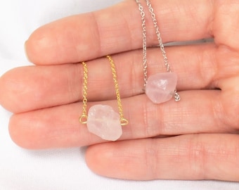 Raw Rose Quartz Necklace, Rose Quartz Jewelry, Dainty Rose Quartz Necklace, Rose Quartz Choker, Raw Crystal Gift, Tiny Rose Quartz Necklace