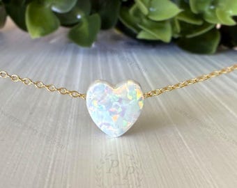 White Fire Opal Heart Necklace, 925 Sterling Silver Chain, Gold or Rose Gold, White Opal Heart Choker, Anniversary, Valentines Gift for Her