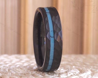 Black Hammered Tungsten Wedding Band with Turquoise for Men Women, Black Wedding Band, Mens Wedding Ring, Turquoise Ring Band FREE ENGRAVING