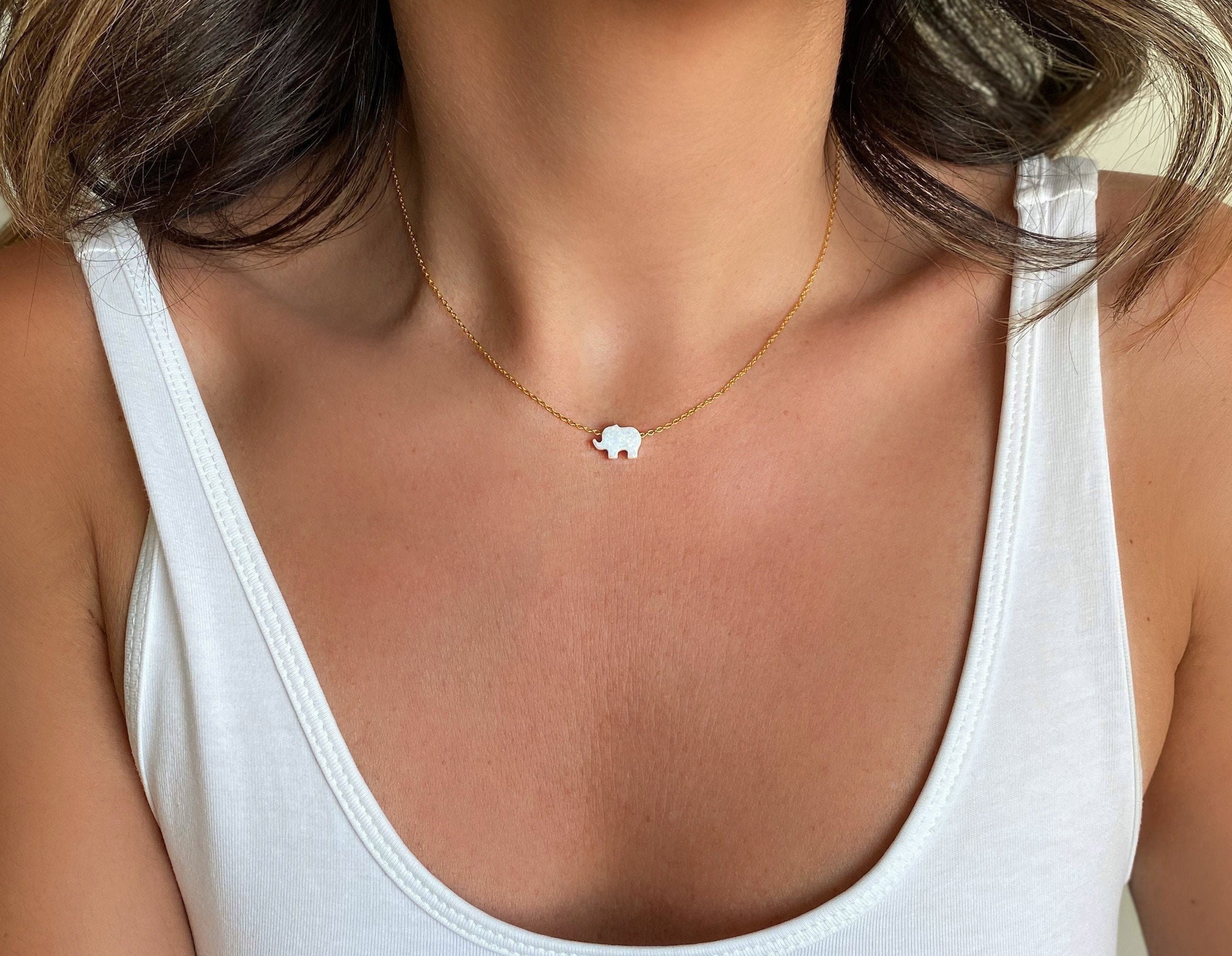 Elephant Necklace, Opal Elephant Necklace, Elephant Jewelry, White Op…