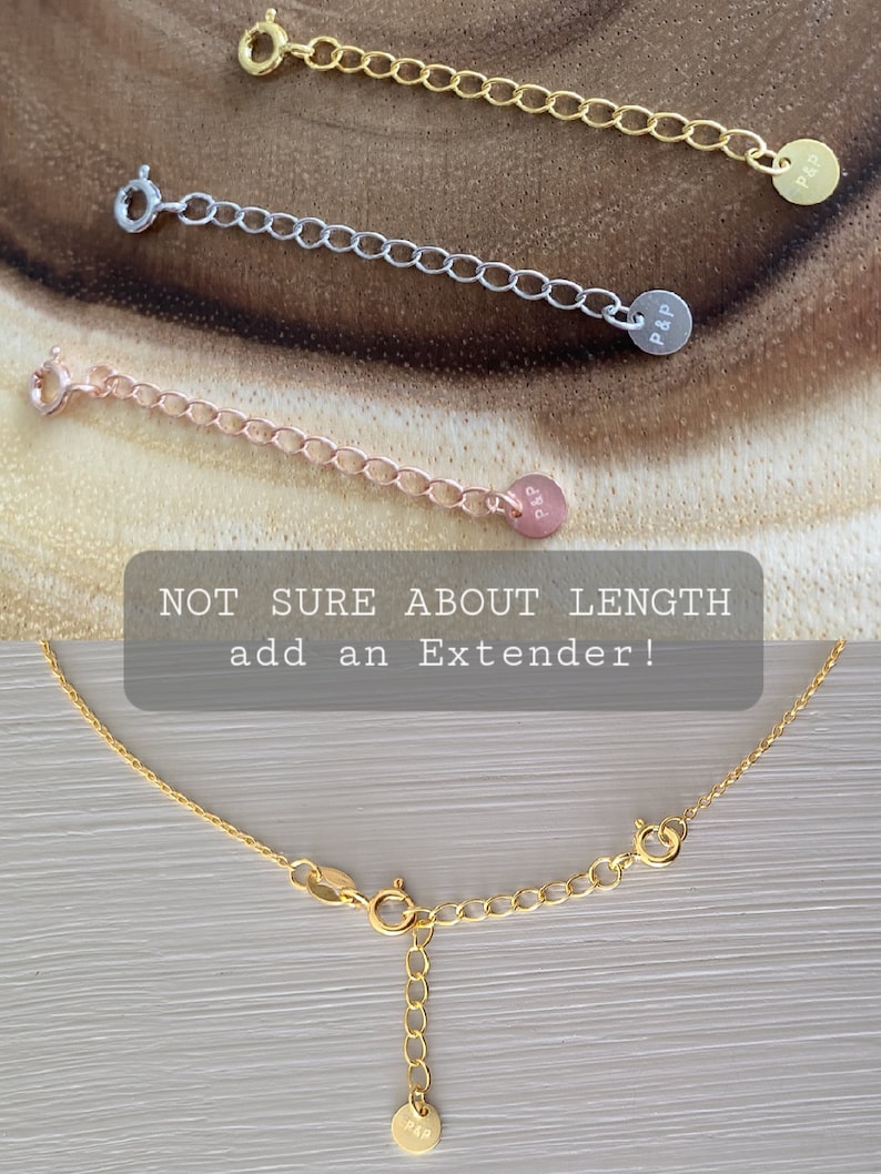 May include: Three gold chain necklace extenders with a small round tag that says "P&P" on each. The text "NOT SURE ABOUT LENGTH add an Extender!" is visible in the image.