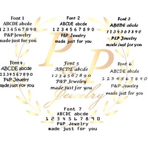 May include: A graphic design showing seven different fonts for the text "ABCDE abcde 1234567890 P&P Jewelry made just for you". The fonts are displayed in a circular arrangement with a gold leaf design in the background.