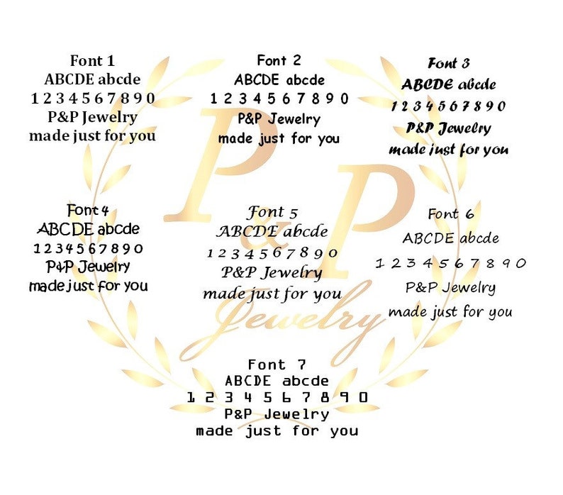 May include: A graphic design showing seven different fonts for the text "ABCDE abcde 1234567890 P&P Jewelry made just for you". The fonts are displayed in a circular arrangement with a gold leaf design in the background.