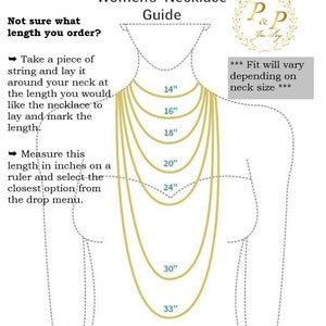 May include: Diagram showing different necklace lengths from 14 inches to 33 inches.  The diagram shows how to measure your neck for the correct necklace length.