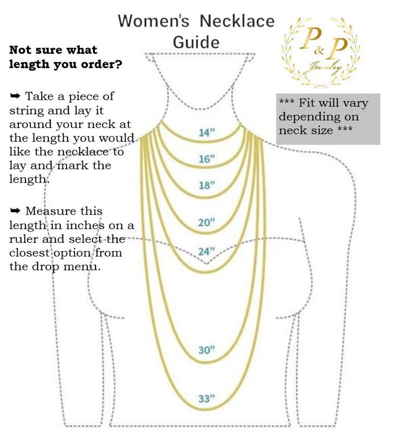 May include: Diagram showing different necklace lengths from 14 inches to 33 inches.  The diagram shows how to measure your neck for the correct necklace length.