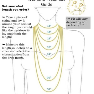 May include: Diagram showing different necklace lengths from 14 inches to 33 inches.  The diagram shows how to measure your neck for the correct necklace length.