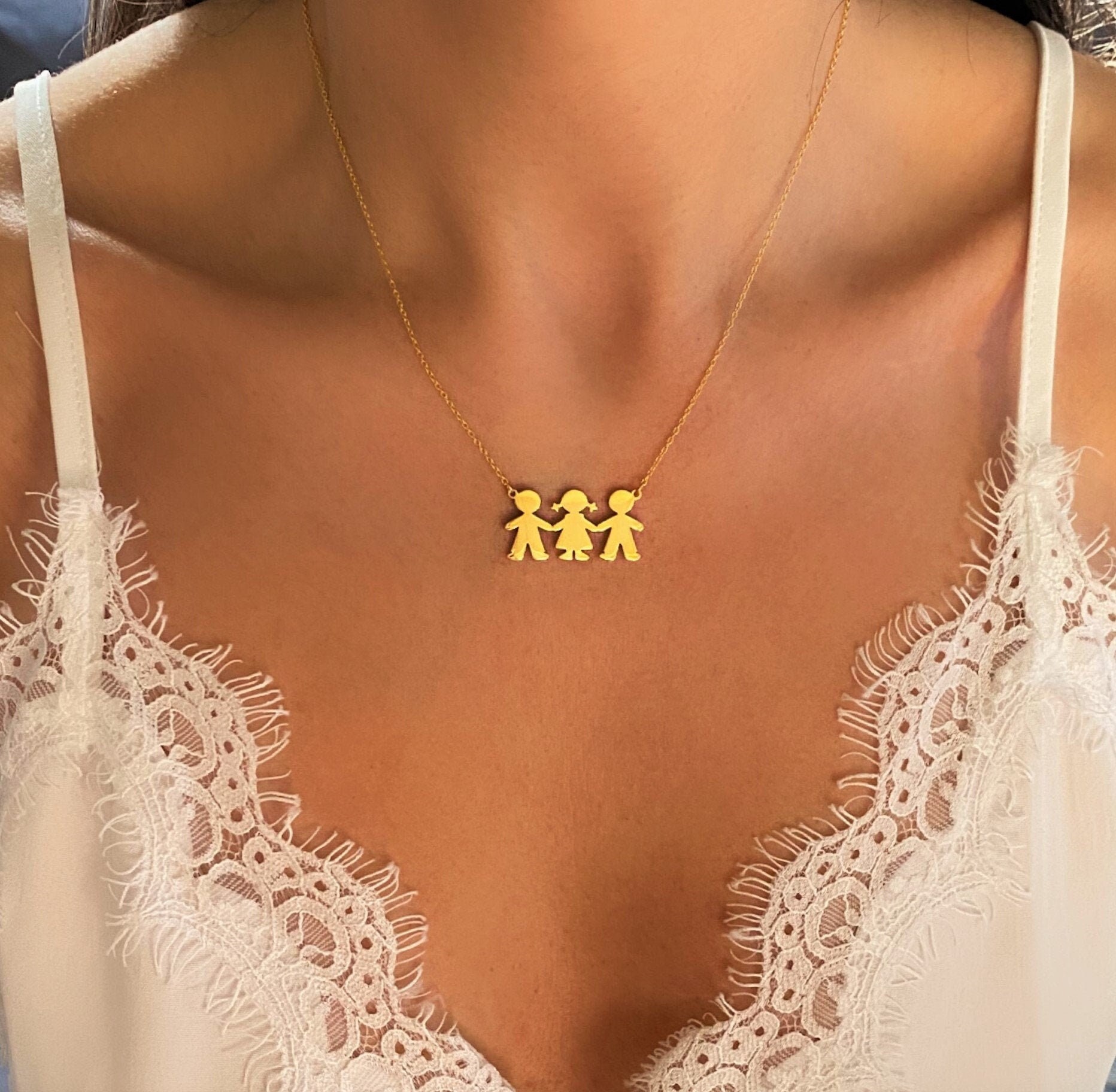 Tri Color 14K Gold Plated Kids Family Boys Girls Pendant Charm Necklace  Chain Oro Laminado Christmas Mother's Valentine's Unisex Gift 