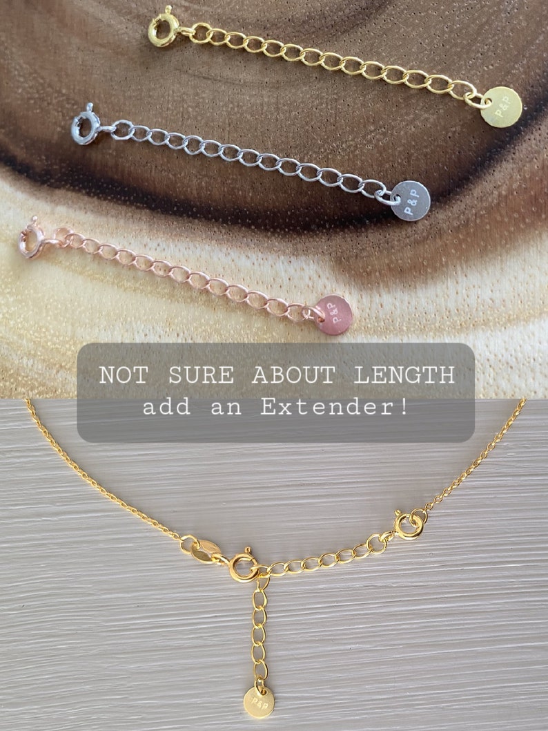 May include: Three gold chain necklace extenders with a small round tag that says "P&P" on each. The text "NOT SURE ABOUT LENGTH add an Extender!" is visible in the image.