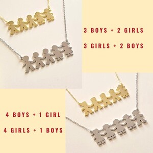 May include: Two silver necklaces with a chain and a pendant of five linked figures. The figures are stylized stick figures of people holding hands. The text on the image reads "3 BOYS + 2 GIRLS" and "3 GIRLS + 2 BOYS" on the top and "4 BOYS + 1 GIRL" and "4 GIRLS + 1 BOYS" on the bottom.