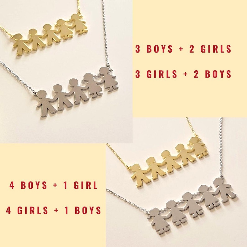 May include: Two silver necklaces with a chain and a pendant of five linked figures. The figures are stylized stick figures of people holding hands. The text on the image reads "3 BOYS + 2 GIRLS" and "3 GIRLS + 2 BOYS" on the top and "4 BOYS + 1 GIRL" and "4 GIRLS + 1 BOYS" on the bottom.