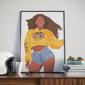May include: A digital illustration of a woman with long brown hair wearing a yellow cropped hoodie with the letters "BAK" in pink and yellow on the front. She is wearing blue denim shorts and is holding a microphone.
