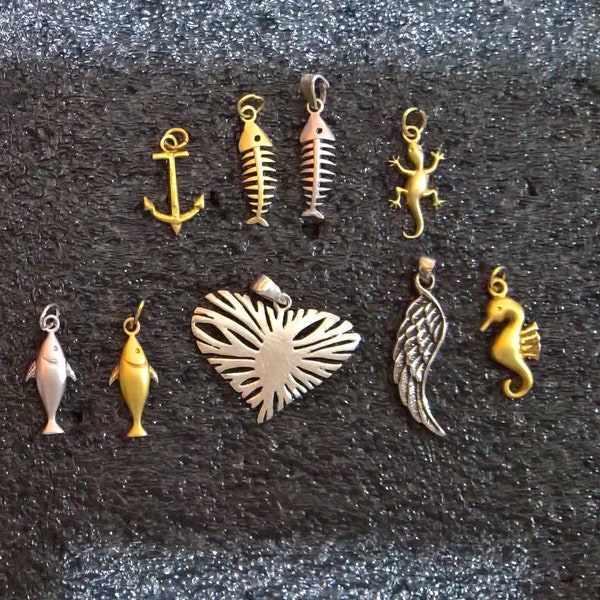 Fish-bone , Coral Heart , Lizard , Fish , Angel Wing , Sea Horse , Anchor . Various  Sterling Silver 925 / K18 Gold Plated Silver Pendants