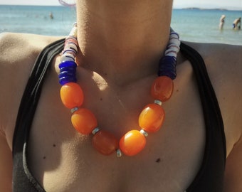 Summertime/Beach/Party/Anniversary/Wedding/Engagement Beaded Necklace With Orange Faturan ,White And Blue Blown Glass And Alpaca Elements