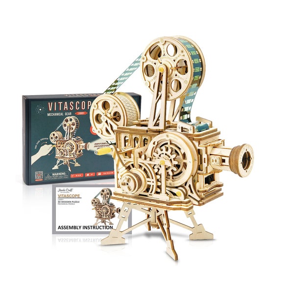 3D Wooden Mechanical Puzzle: Vitascope Film Mini Projector Model DIY Craft Kit for Adults and Teens | Movie Lover Gift and Home Decor