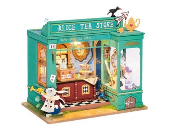 DIY Dollhouse Kit Miniature Tea Shop Diorama Room Box: Alice's Tea Store (DG156) | Home Decor and Gifts, Miniature Store + Drinks & Food