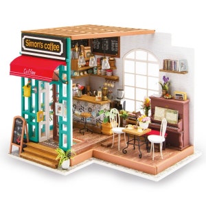 DIY Dollhouse Kit Miniature Cafe Diorama Room Box: Simon’s Coffee (DG109)| Home Decor and Gifts Craft Kit Supplies, Dollhouse Shop Furniture