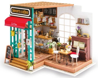 DIY Dollhouse Kit Miniature Cafe Diorama Room Box: Simon’s Coffee (DG109)| Home Decor and Gifts Craft Kit Supplies, Dollhouse Shop Furniture