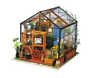 DIY Dollhouse Kit Miniature Greenhouse: Cathy's Flower House (DG104) w/ LED Lights | Home Decor, Gifts Craft Kit Supplies Garden Plants