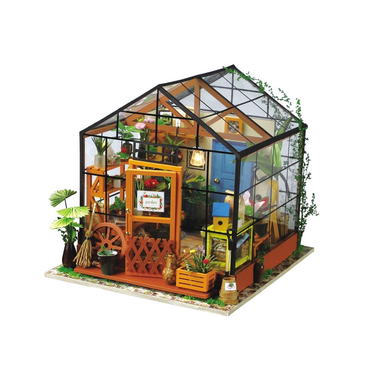 DIY Dollhouse Kit Miniature Greenhouse Diorama Roombox: Cathy's Flower House DG104 Home Decor and Gifts Craft Kit Supplies Garden Plants image 1