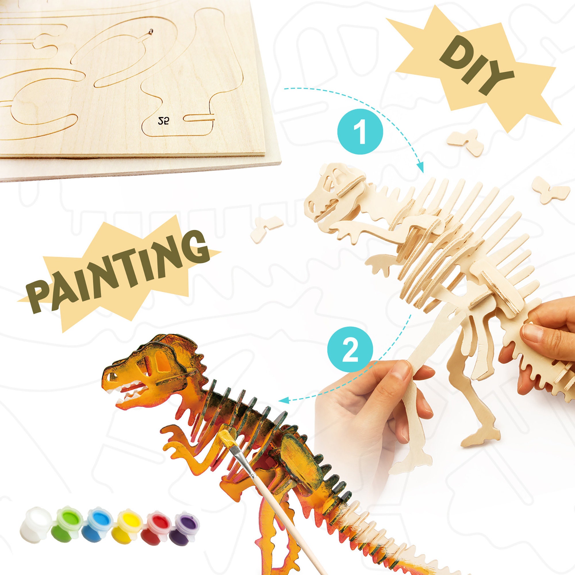 3D Wood Puzzle Paint Kit: T-rex DIY Dinosaur HC201 by Hands | Etsy