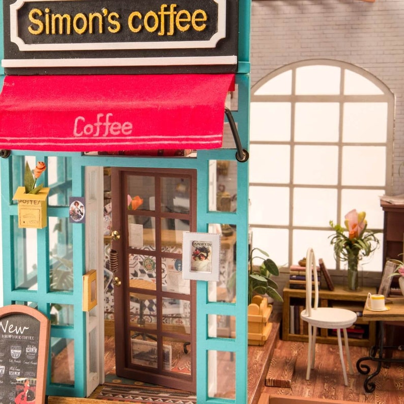 DIY Dollhouse Kit Miniature Cafe Diorama Room Box: Simons Coffee DG109 Home Decor and Gifts Craft Kit Supplies, Dollhouse Shop Furniture image 7