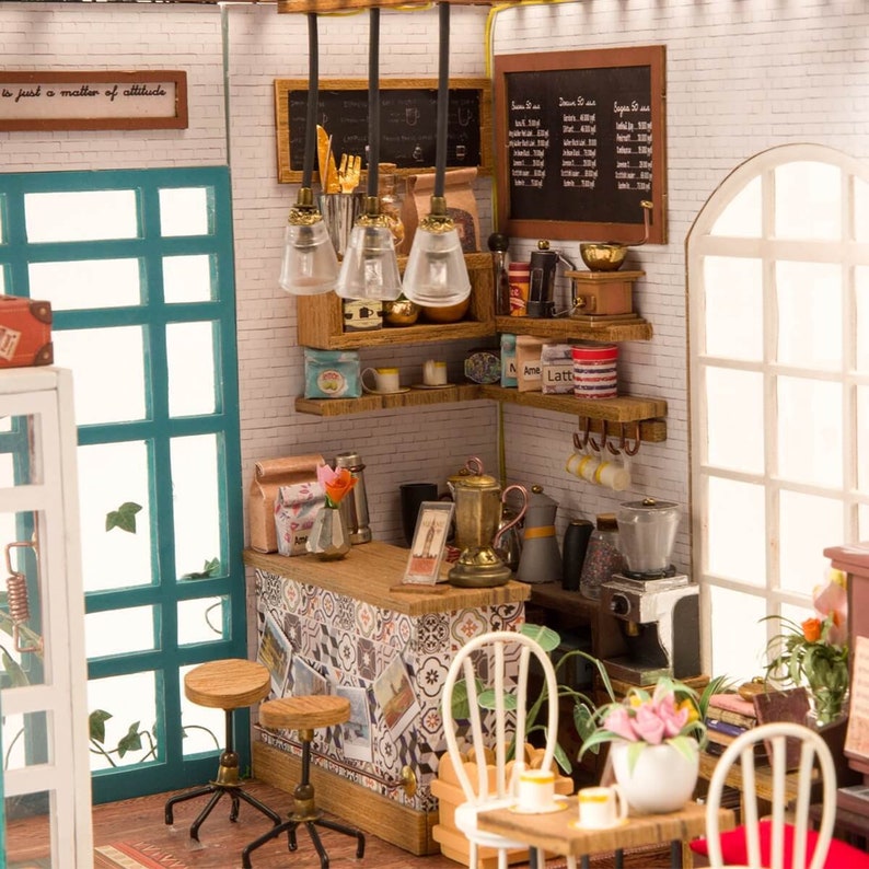 DIY Dollhouse Kit Miniature Cafe Diorama Room Box: Simons Coffee DG109 Home Decor and Gifts Craft Kit Supplies, Dollhouse Shop Furniture image 8