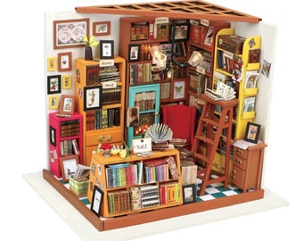DIY Miniature Model Library Bookstore Kit: Sam’s Study mini book room model kit with LED lights (DG102) by Hands Craft