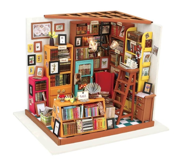 DIY Miniature Dollhouse Kit Library / Book Store: Sam’s Study (DG102)  Diorama Room Home Decor, Gifts Tiny Furniture, Art, Puzzles, Crafting