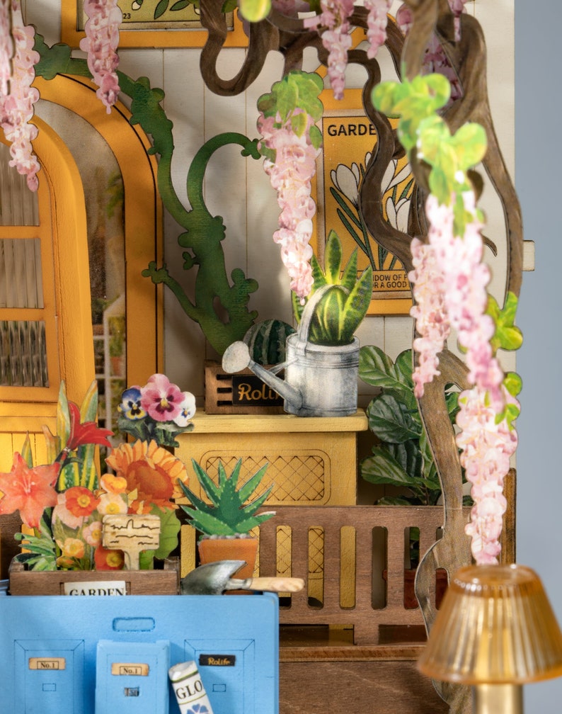 Garden House Book Nook Kit Bookshelf Diorama DIY Miniature w/ LED lights Home Decor and Gifts, Book Ends Display, Shelf Insert, image 4