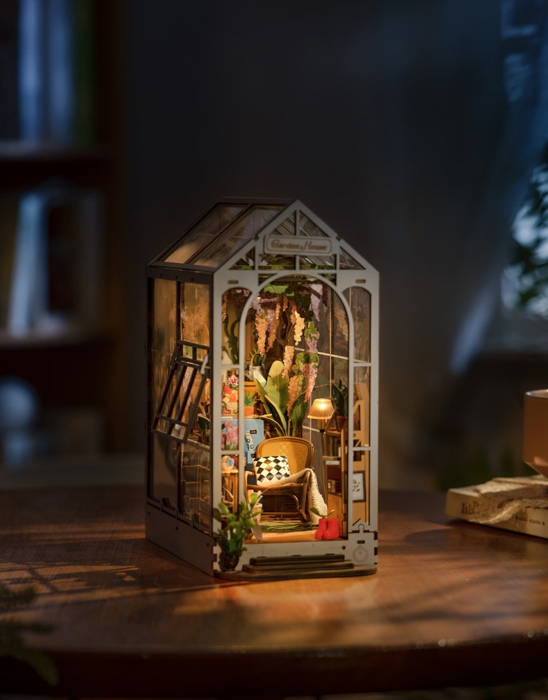 Garden House Book Nook Kit Bookshelf Diorama DIY Miniature w/ LED lights Home Decor and Gifts, Book Ends Display, Shelf Insert, image 2